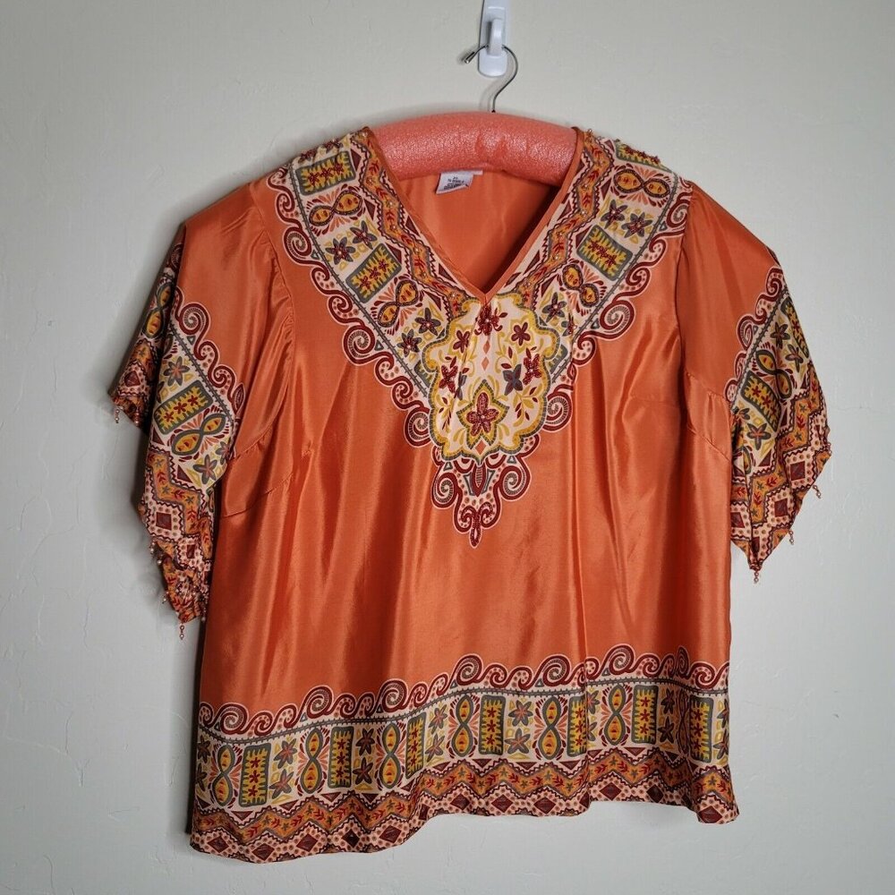 Jessica London Plus Size 20 Beaded Top Shirt Orange Spice Print Polyester